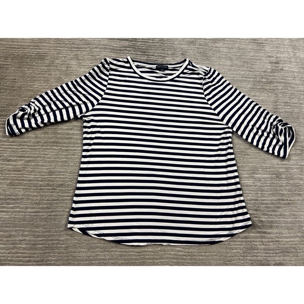 Violets & Roses Top Womens Large Blue & White Striped‎ Hal Ruched Sleeve Casual